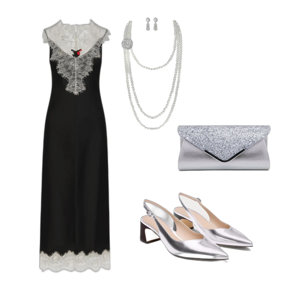 Satin Party Outfit: Silver Sequin Clutch & Pearl Set Style