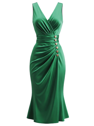 Pre-Sale Green 1950s Satin Ruched V-Neck Mermaid Dress