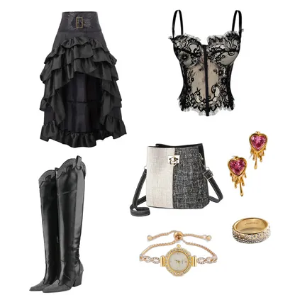 Find Me: Gothic Steampunk Corset Outfit with Black Cowboy Boots