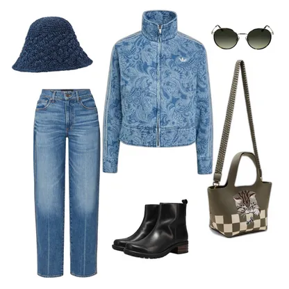 Total Denim Everyday Outfit with Retro Sunglasses & Boots