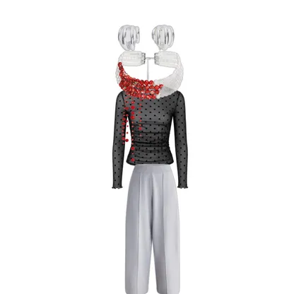 Gothic Romance Polka Dot Mesh Outfit with Blood Drop Necklace