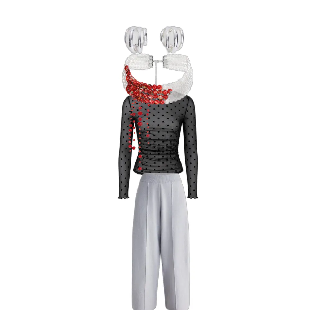 Gothic Romance Polka Dot Mesh Outfit with Blood Drop Necklace