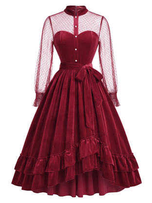 Pre-Sale Red 1950s Velvet Ruffle Dress with Sheer Polka Dot Sleeves
