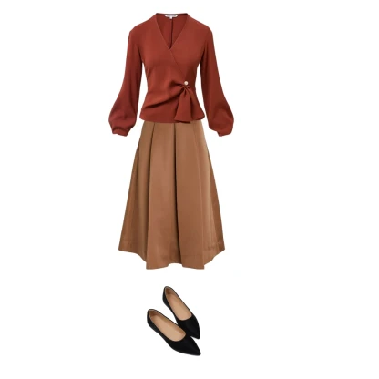 Rust Red Faux Wrap Blouse & Satin Midi Skirt Fall Outfit