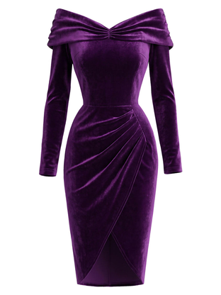 Pre-Sale Purple 1960s Velvet Off-Shoulder Bodycon Dress