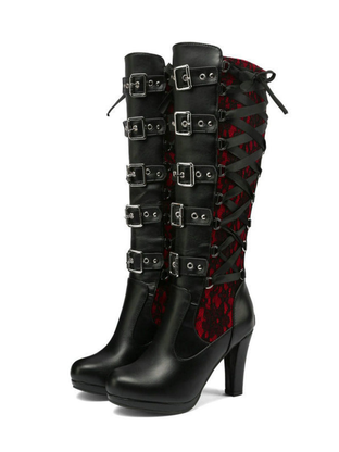 Black Vintage Punk Lace-Up Lace High Heel Boots