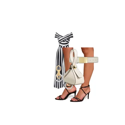 Striped Off-Shoulder Jumpsuit with Leather Mini Bag & Heels