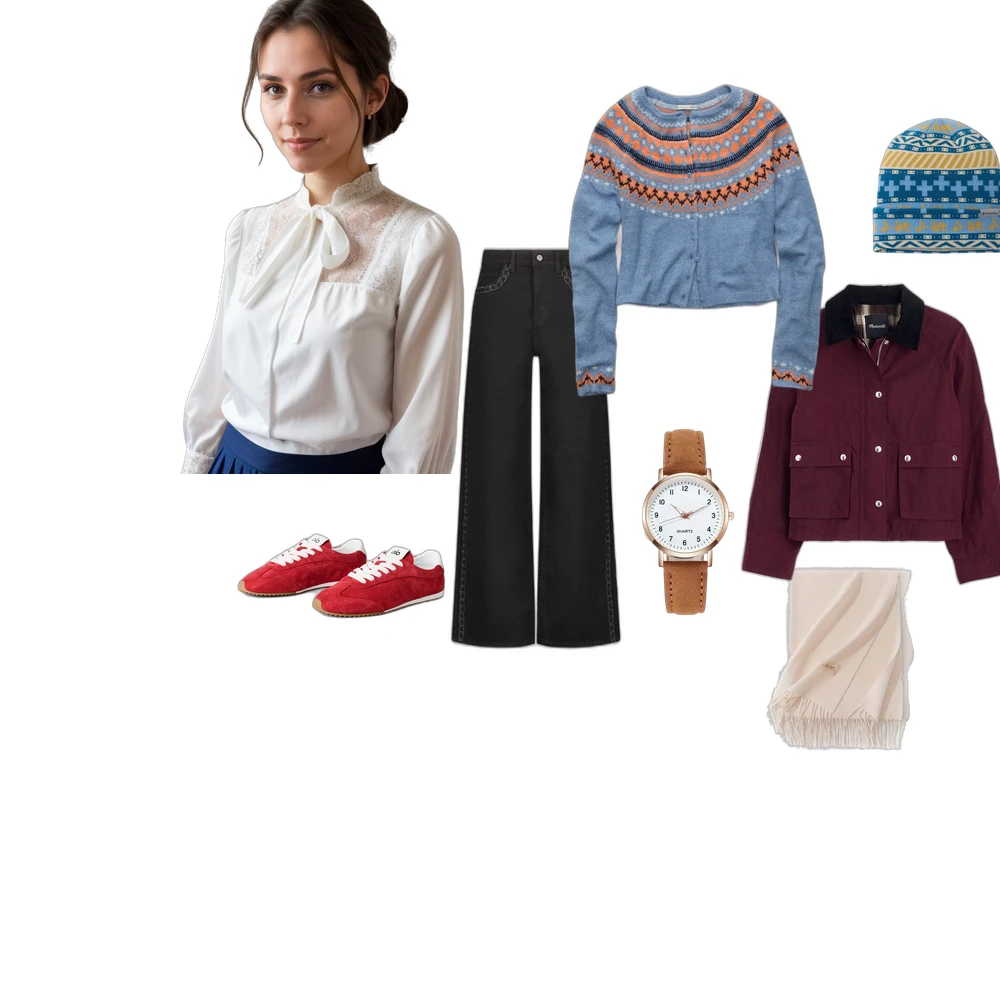 Chic Autumn Layers: Silk Blouse & Fair Isle Cardigan Outfit