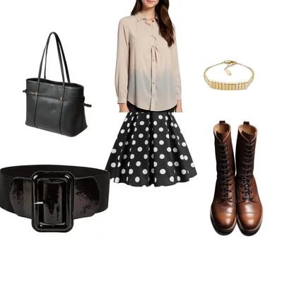 City Afternoon Chic: Polka Dot Skirt & Leather Tote Outfit