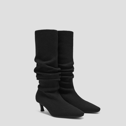 Mini Square-Toe Slouchy Knee-High Kitten Heel Boots Rumi