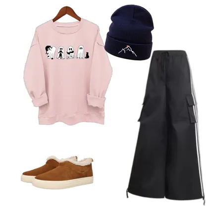 Halloween Vibes Outfit: Pink Ghost Sweatshirt & Cargo Pants