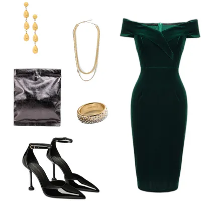 Elegant 1960s Velvet Outfit: Chic Off-Shoulder Dress & Accessories