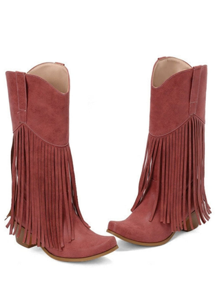 Boho Fringe Western Cowboy Mid-Calf Chunky Heel Boots