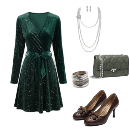 Chic Party Outfit: Quilted Bag, Pearl Set & Tie Dress