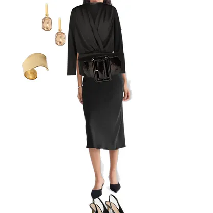 Elegant Work Dinner Outfit: Midi Skirt, Wide Belt & Slingback Heels