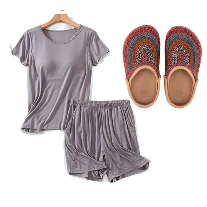 Cozy Summer Loungewear Set: Plus Size Pajamas & Rainbow Clogs