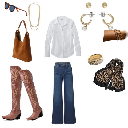Western Chic Outfit: Leopard Scarf, Cowgirl Boots & Wide-Leg Jeans