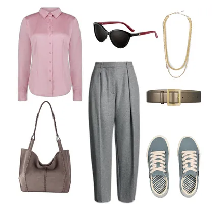Chic Office Outfit with Cat-Eye Sunglasses and Wide-Leg Pants
