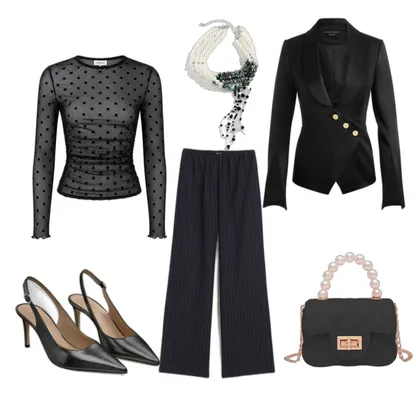 Classy Office Outfit: Sculpt Blazer & Polka Dot Mesh Elegance