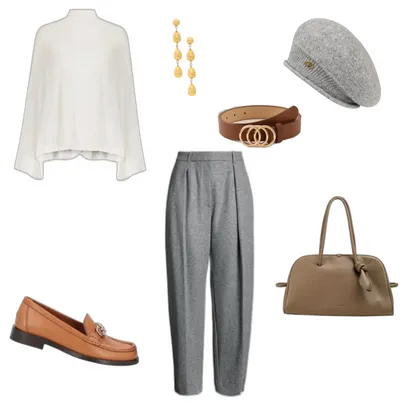 Simple Classy Outfit: Light Gray Beret & Wide-Leg Pants Look