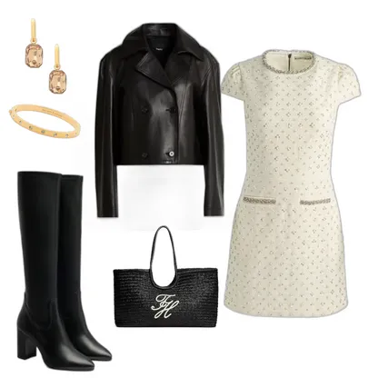 Effortless Chic Outfit: Tweed Dress & Cape Jacket Style