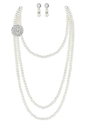 Vintage Layered Pearl Necklace  Earrings Set