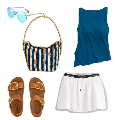 Sporty Chic Summer Outfit with Raffia Bag and Cat Eye Shades