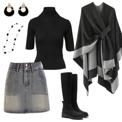 Boho Autumn Outfit: Denim Skirt & Wedge Boots Style