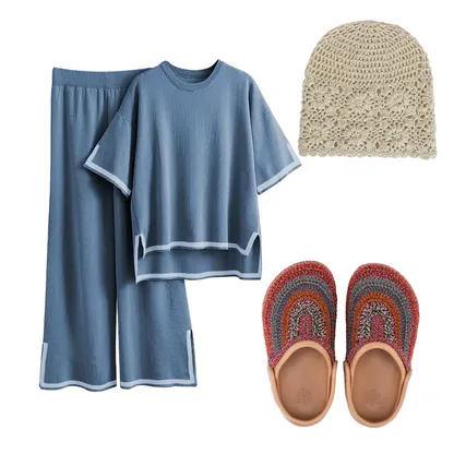 Soft Fall Outfit: Cozy Crochet Beanie, Lounge Set & Clogs