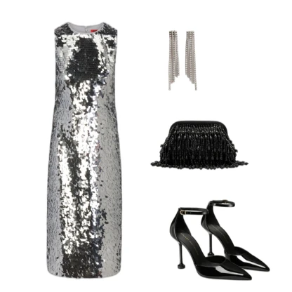 Sequin Party Outfit: Sleeveless Midi Dress & Martini Heel Style