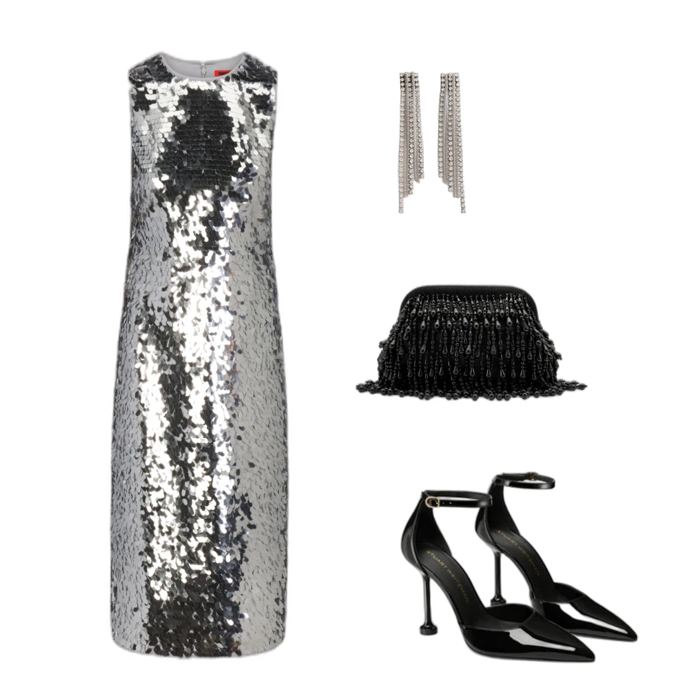 Sequin Party Outfit: Sleeveless Midi Dress & Martini Heel Style