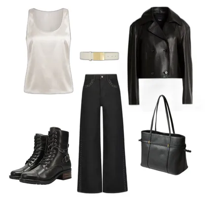Urban Fall Leather Outfit with Tote and Boots