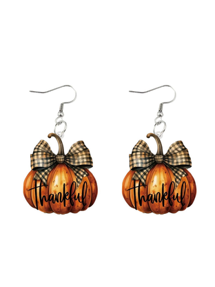 Orange Pumpkin Plaid Bow Thanksgiving Dangle Earrings