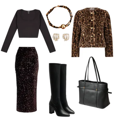 Leopard Formal Outfit: Sequin Skirt & Knee-High Boots