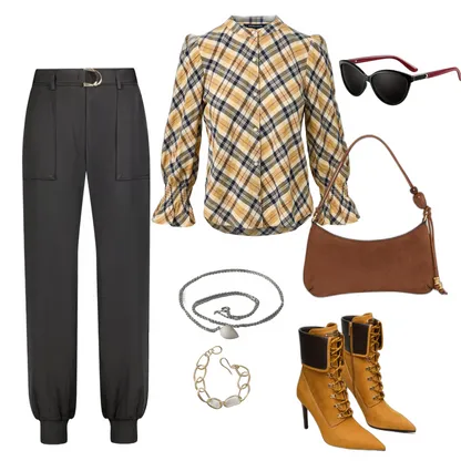 Formal Fall Outfit with Cat-Eye Sunglasses & Plaid Blouse